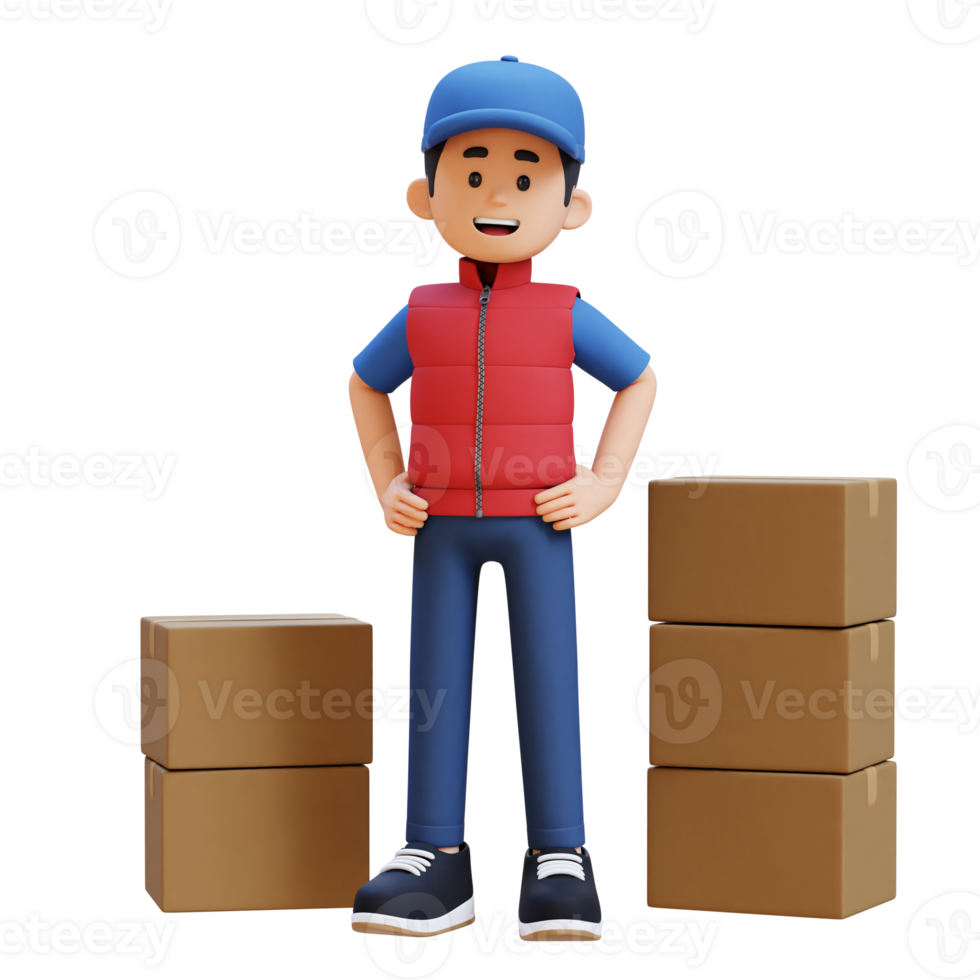 3D Delivery Man Character Standing with Hand on Hip with Parcel Box png