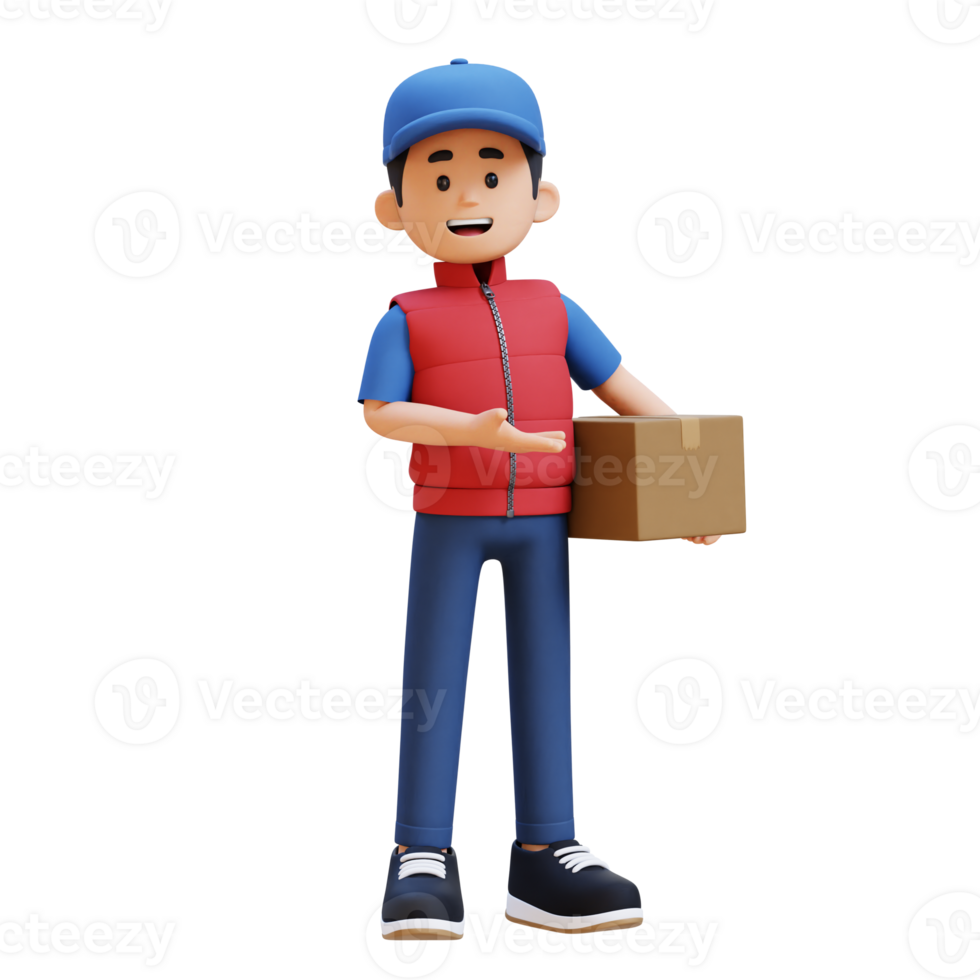3D Delivery Man Character Presenting to the Left Pose with Parcel Box png