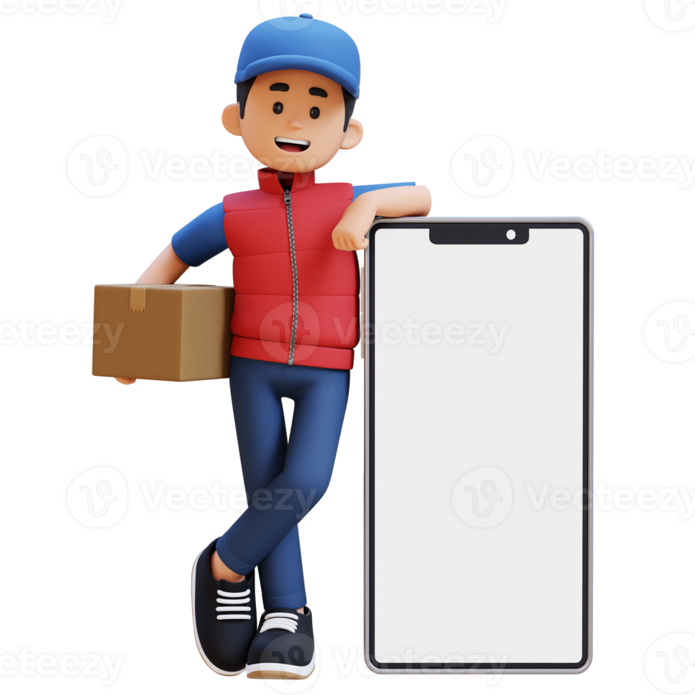 3D Delivery Man Character Lying on Large Empty Phone Screen and Carrying Parcel Box png