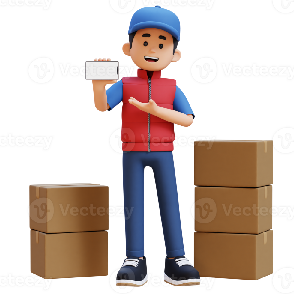 3D Delivery Man Character Presenting on Empty Phone Screen with Parcel Box png