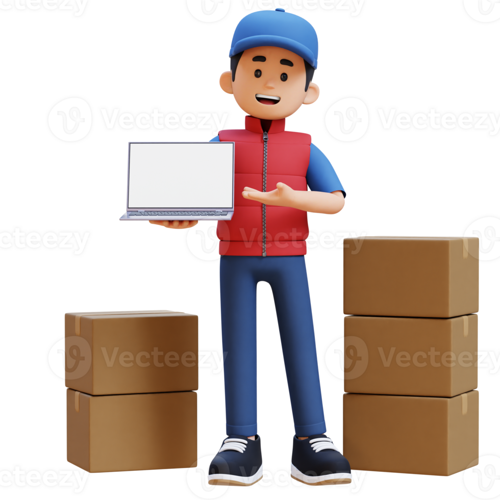 3D Delivery Man Character Presenting on Empty Laptop Screen with Parcel Box png