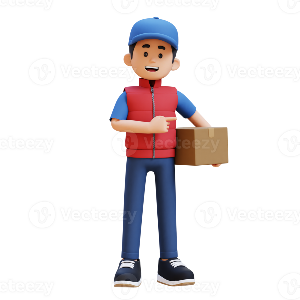 3D Delivery Man Character Pointing to the Left Pose with Parcel Box png