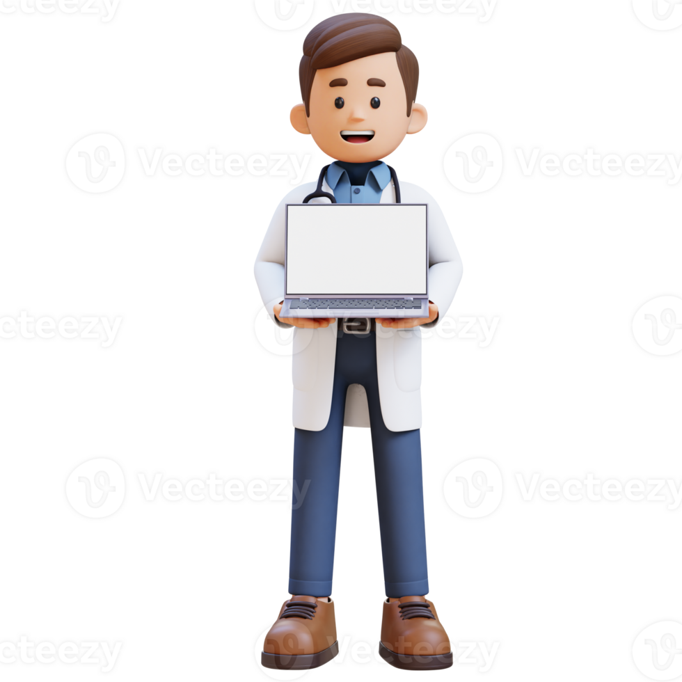 3D Doctor Character Holding Laptop with Empty Screen. Suitable for Medical content png