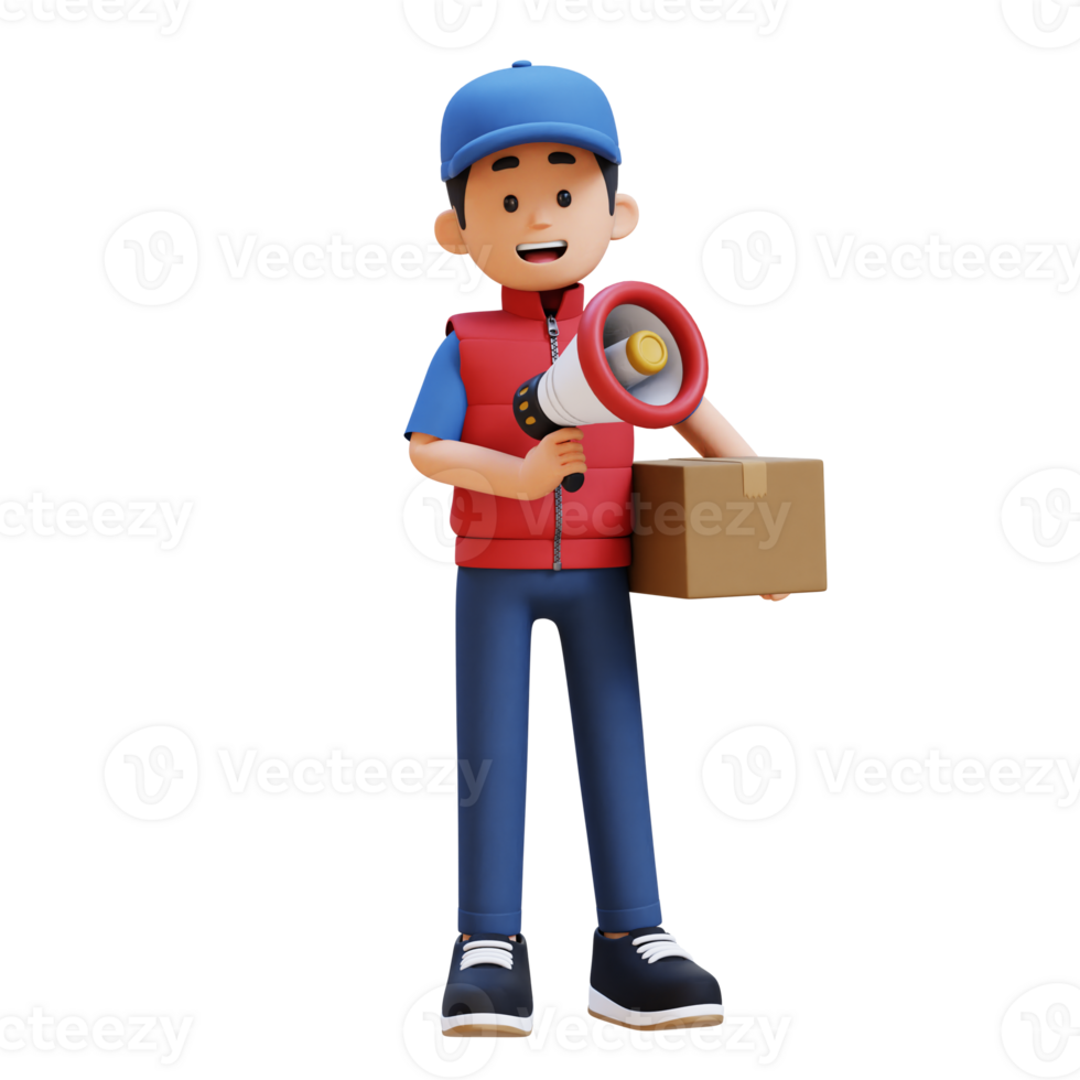 3D Delivery Man Character Holding Megaphone with Parcel Box png