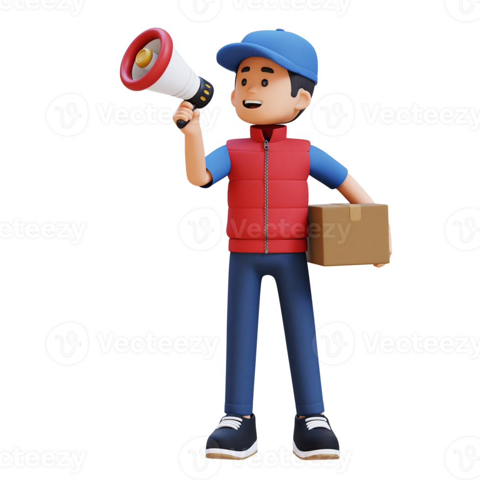 3D Delivery Man Character Holding Megaphone with Parcel Box png