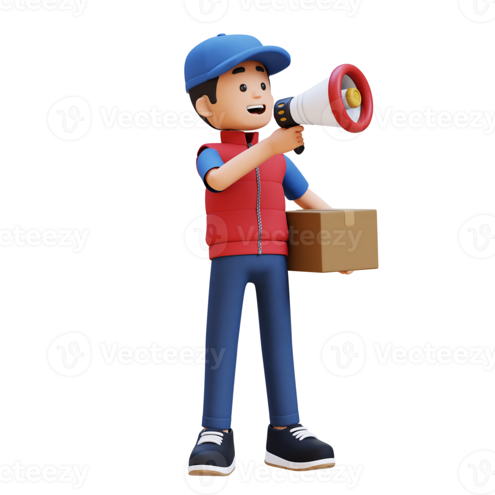 3D Delivery Man Character shouting with Megaphone with Parcel Box png