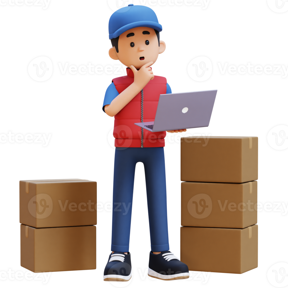 3D Delivery Man Character Thinking While Working on a Laptop with Parcel Box png