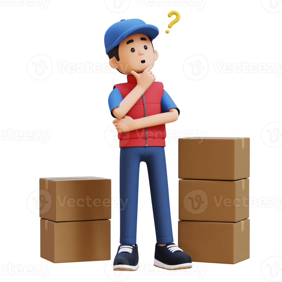 3D Delivery Man Character Confused and Thinking Pose with Parcel Box png