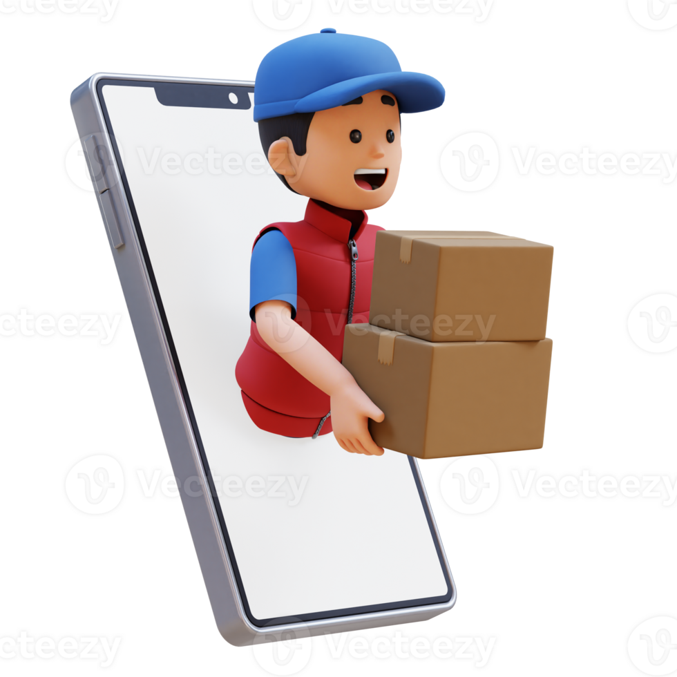 3D Delivery Man Character Jump from Phone Screen with Megaphone holding Parcel Box png