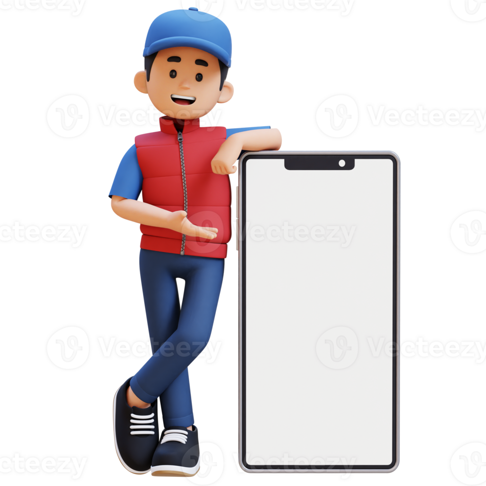 3D Delivery Man Character Presenting and Lying on Big Empty Phone Screen png