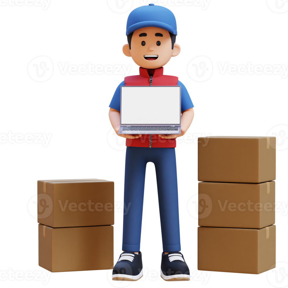 3D Delivery Man Character Presenting on Empty Laptop Screen with Parcel Box png
