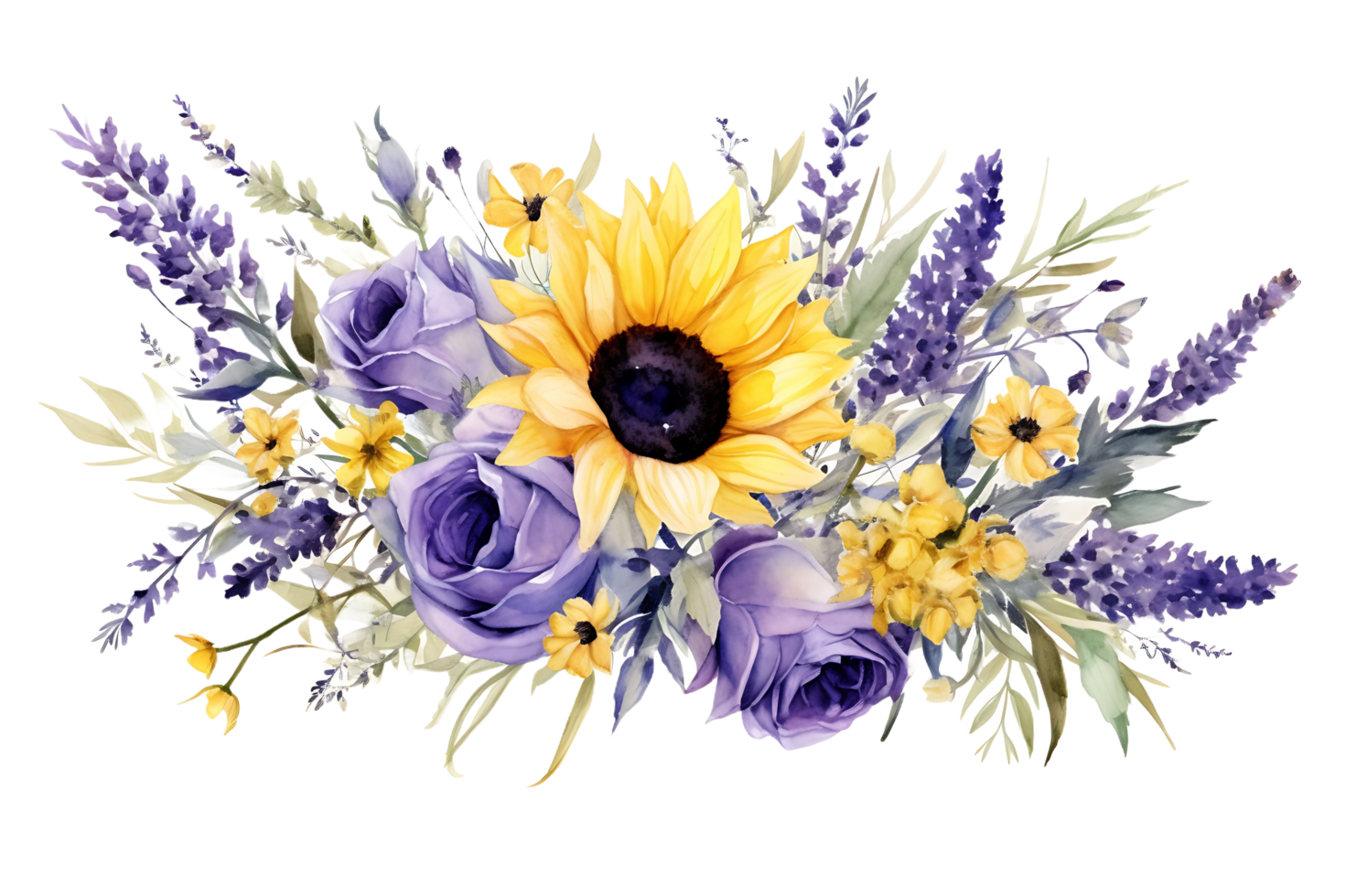 ai gegenereerd waterverf illustratie zonnebloem en lavendel bloemen bloemen boeket, grens, krans voor rustiek bruiloft png