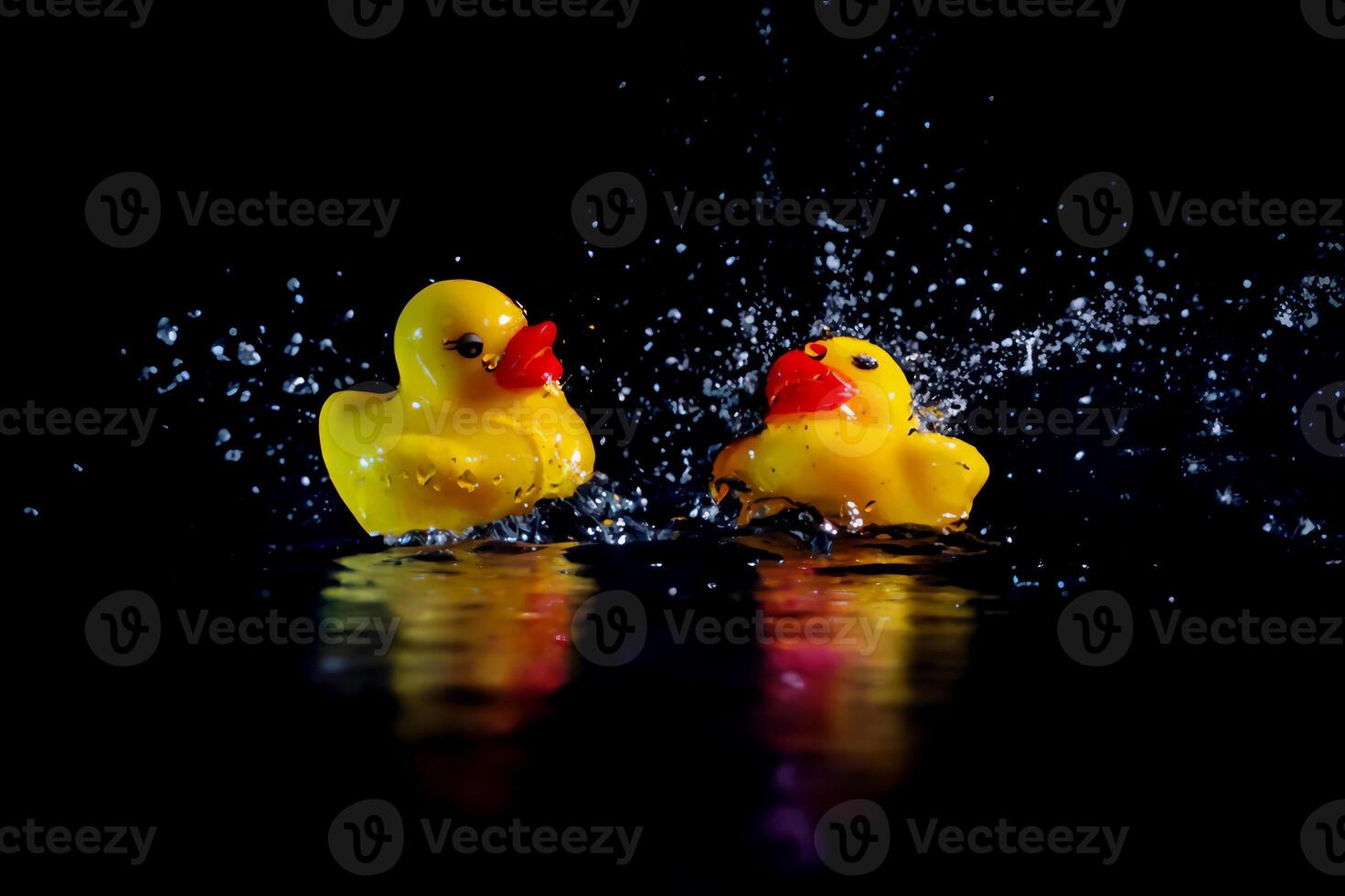 A toy duck falls into the water making a splash photo