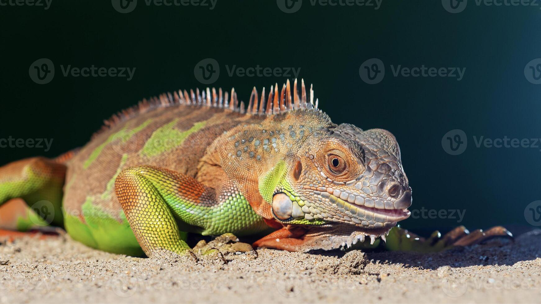 a colorful iguana posing against a dark background photo