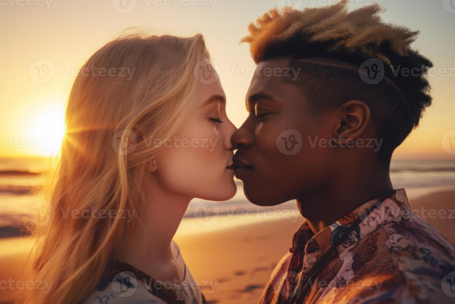 AI generated Multi ethnic couple love kissing. Generate AI photo