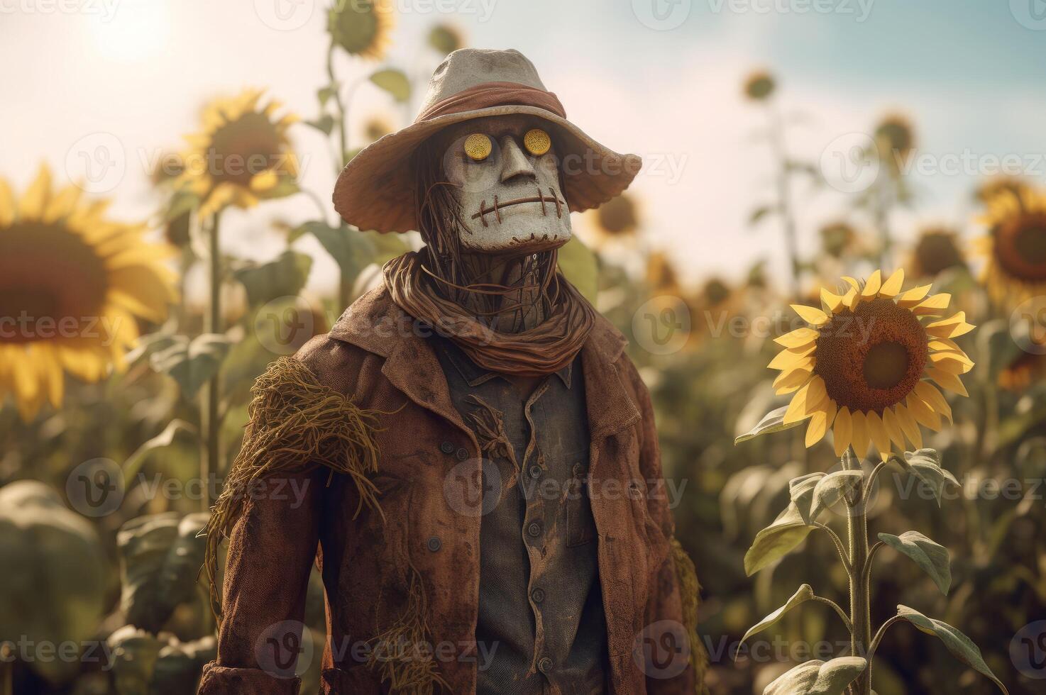 AI generated Scarecrow guard in farmland sunflower field. Generate ai photo