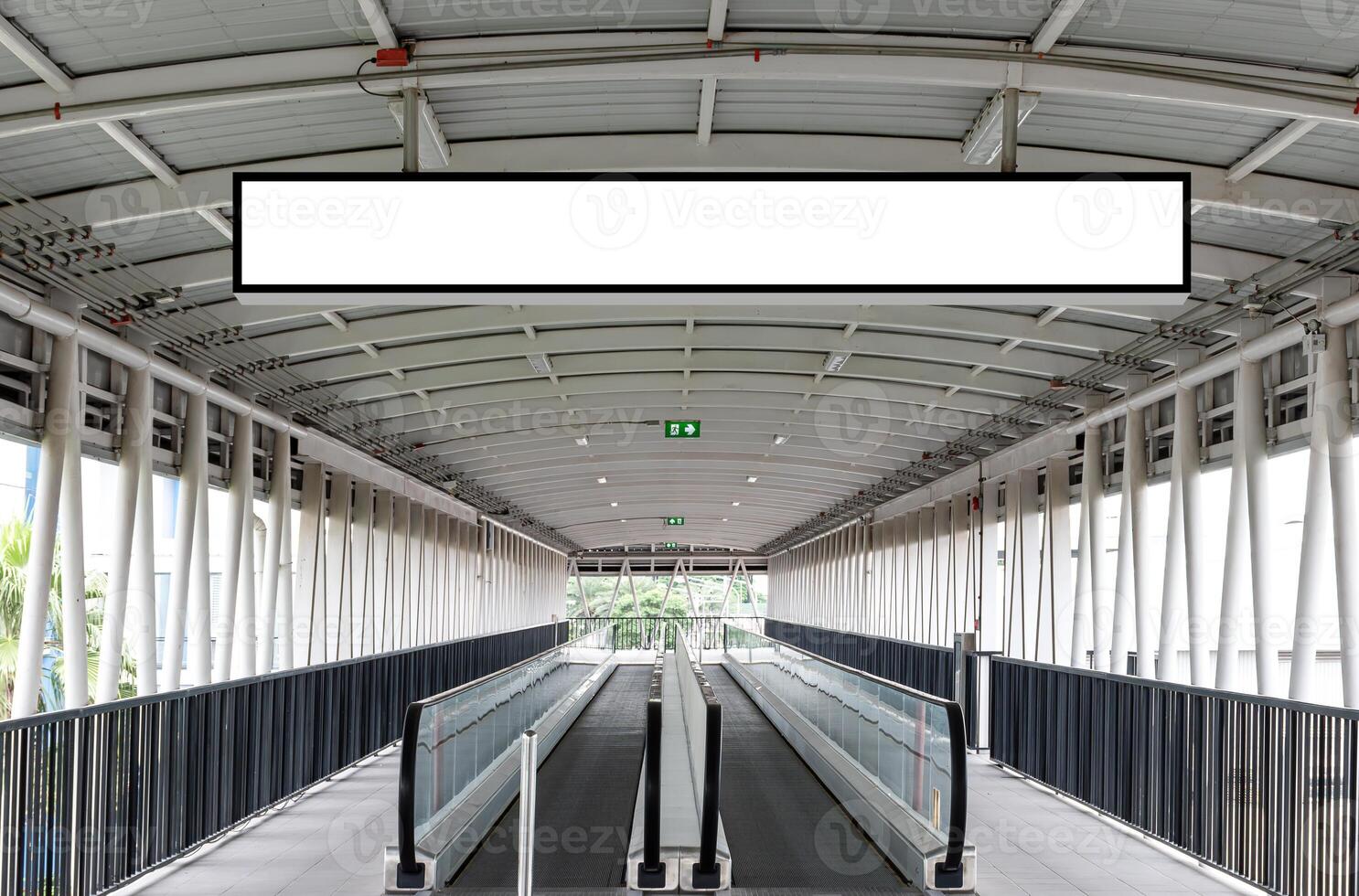 Mock up hanging white rectangle billboard at footbridge with clipping path for mock up photo