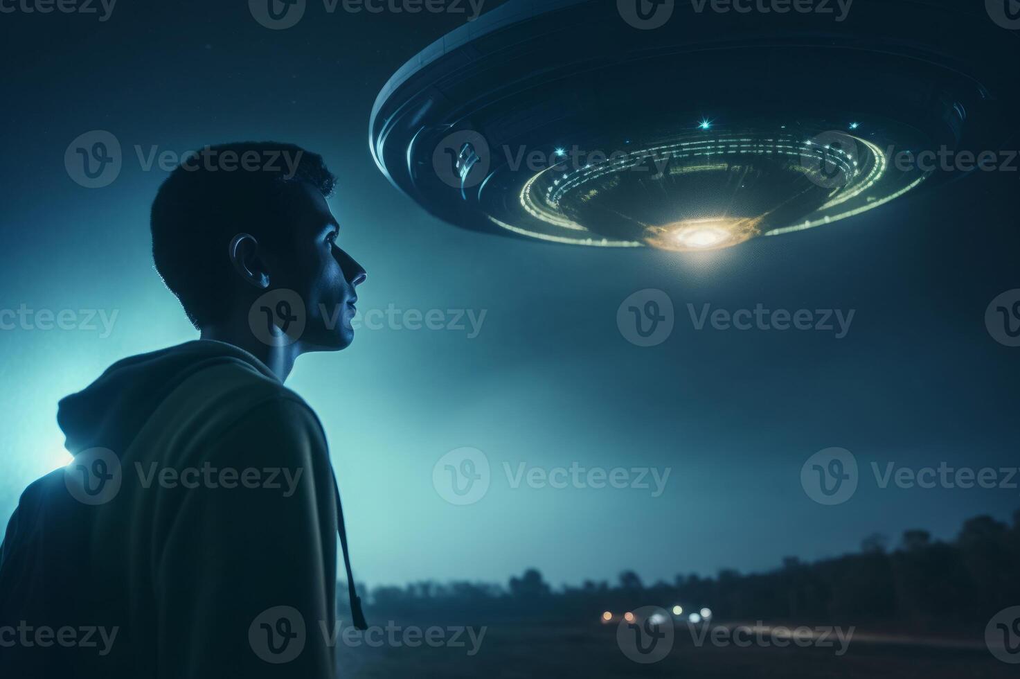 AI generated Surprised male witness staring at intergalactic UFO spacecraft. Generate ai photo