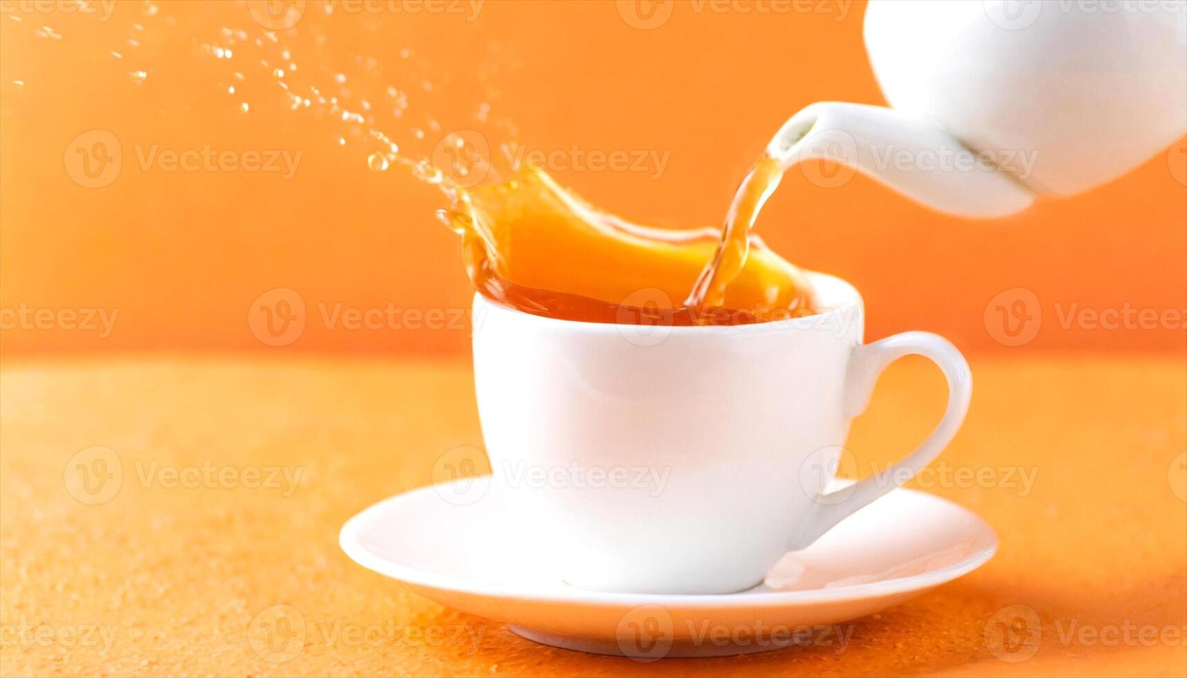 AI generated a white teapot pouring tea into a cup photo