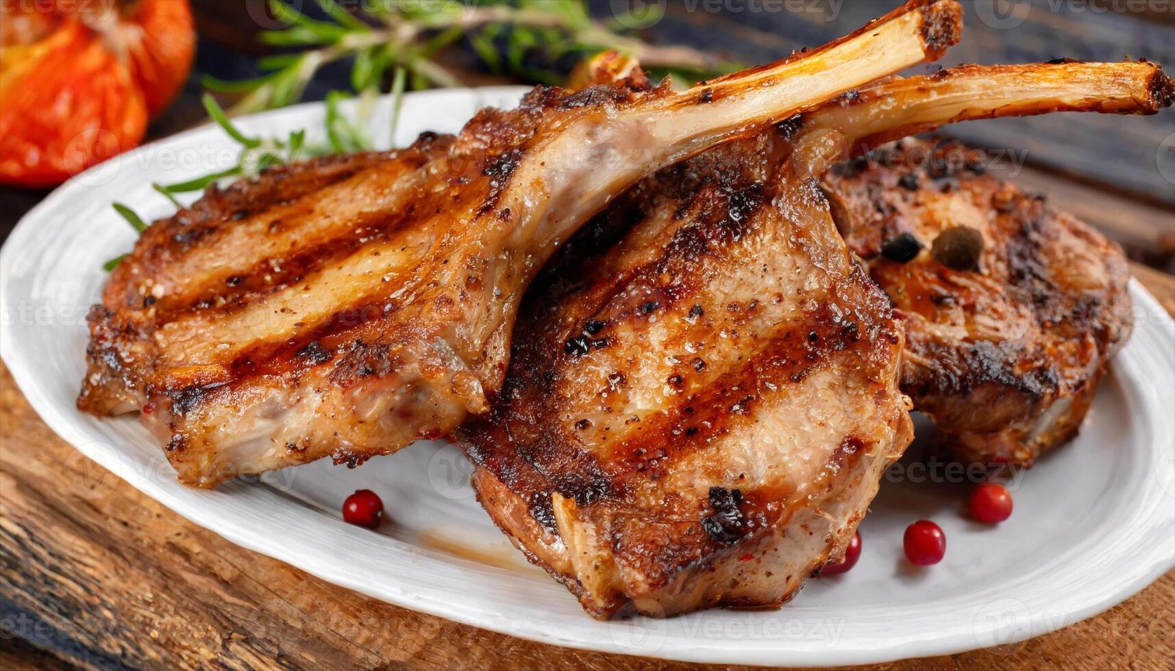 AI generated grilled lamb chops on a white plate with rosemary photo