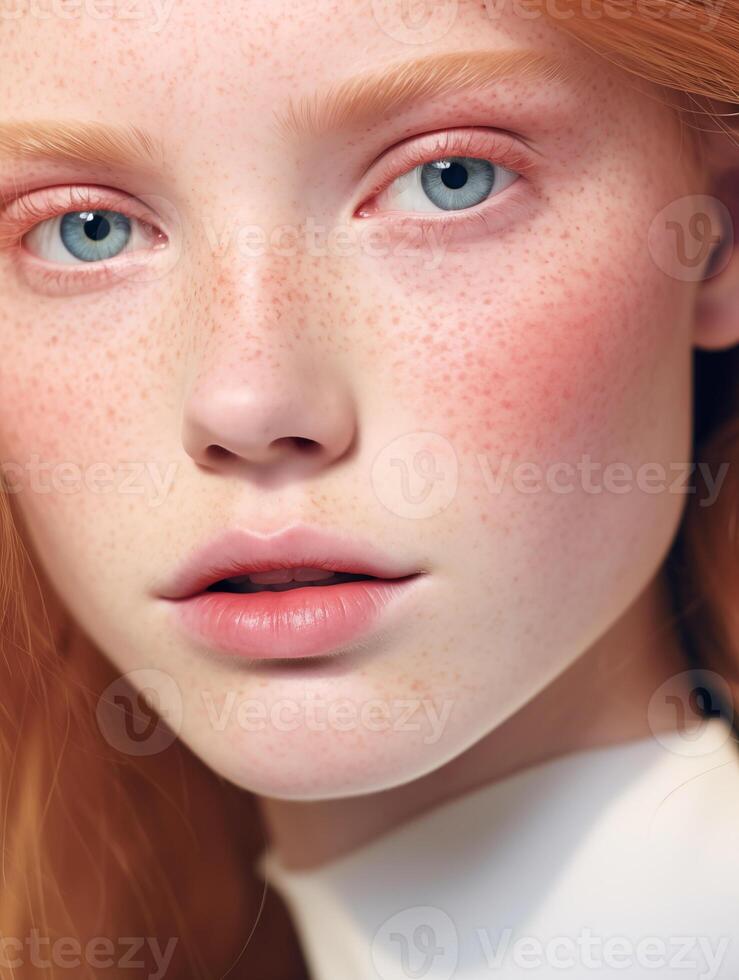 ai generado retrato de un hermosa joven mujer con azul ojos, jengibre cabello, pecas, piel detalles. natural belleza de cerca de un linda modelo foto