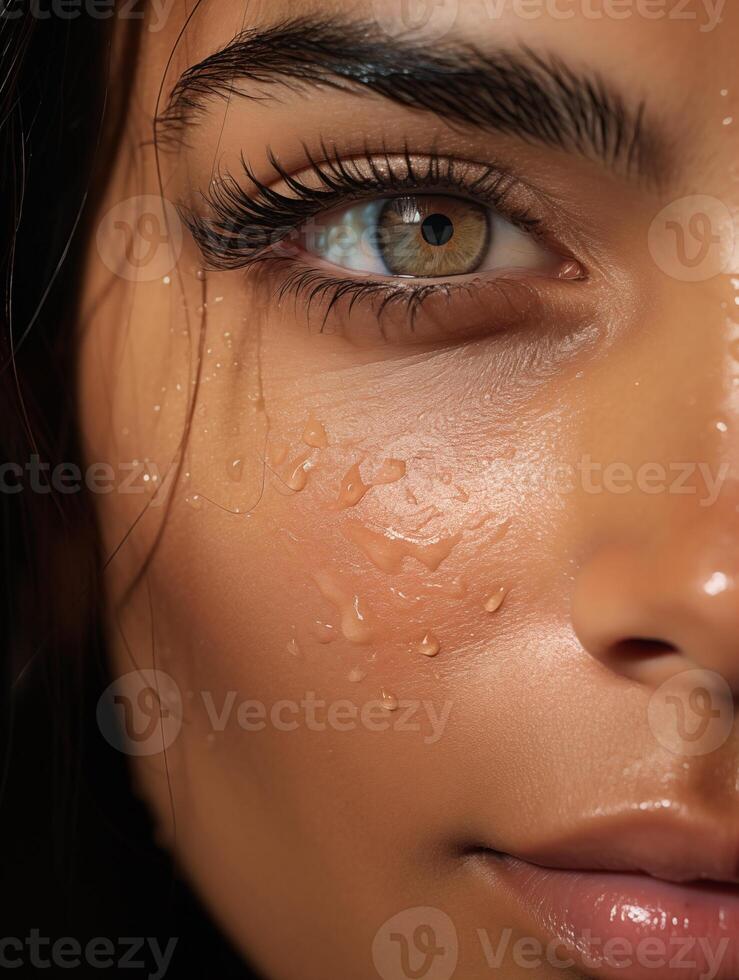 ai generado de cerca de un hermosa morena mujer cara con marrón ojos, piel detalles, agua gotas. publicidad de productos cosméticos, perfumes foto