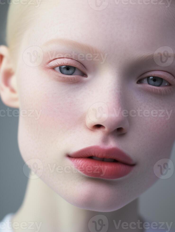 AI generated Beautiful young albino woman with blue eyes. Natural beauty close-up of a top model. Advertising of cosmetics, perfumes photo