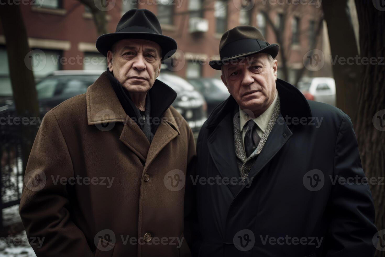 AI generated Russian mature mobsters in Brooklyn city. Generate ai photo