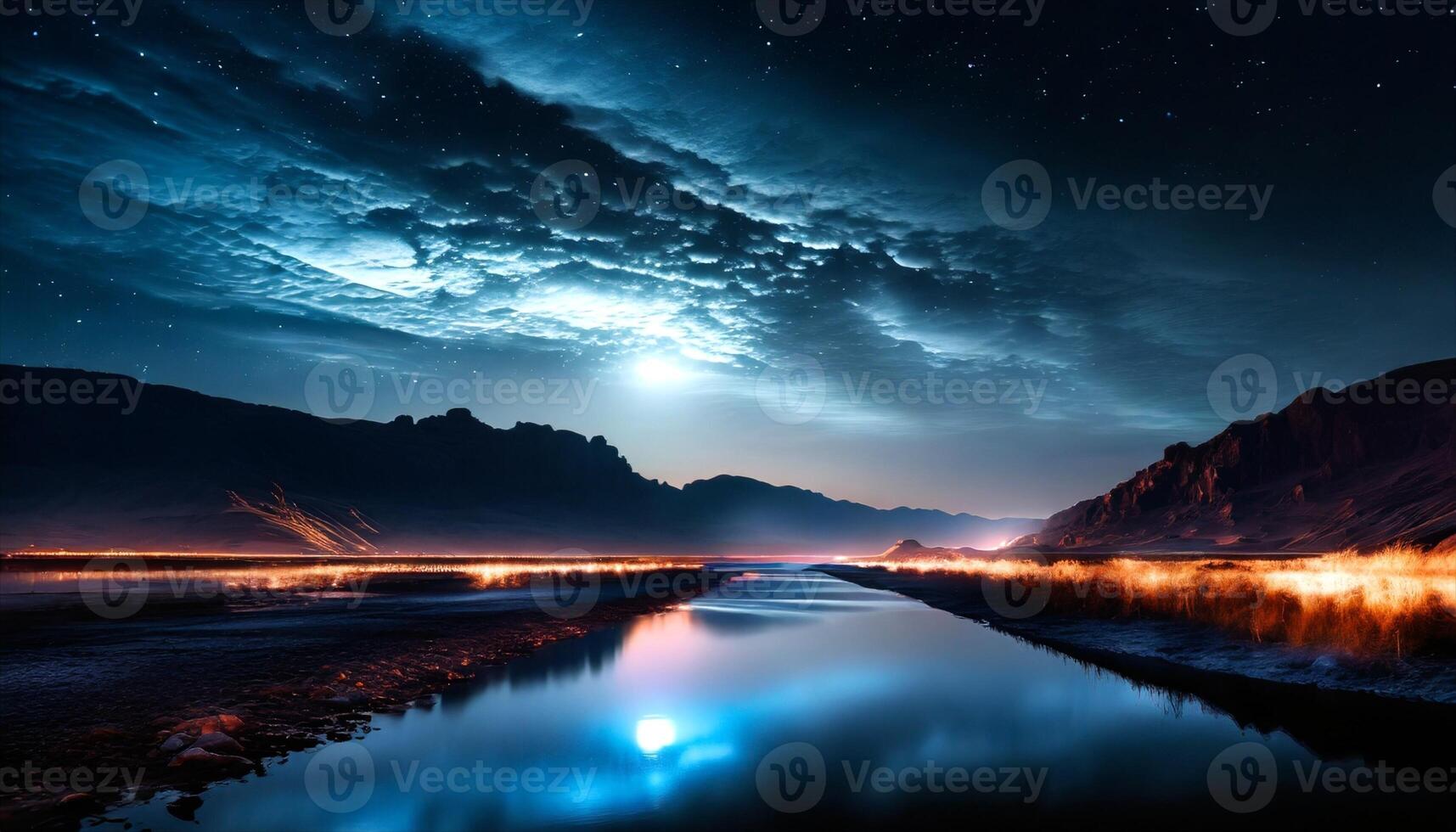 ai generado futurista extraterrestre paisaje a noche foto