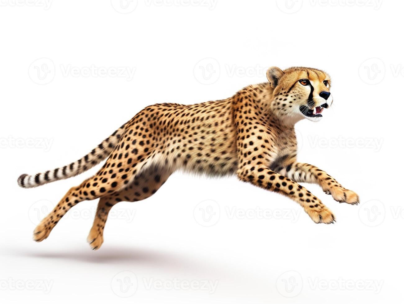 ai generado saltando africano guepardo, salvaje gato en saltar aislado blanco antecedentes foto
