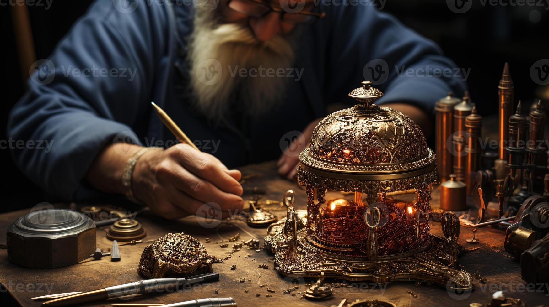 ai generado concepto de joyería artesanía. de cerca de el Maestro en el proceso de haciendo hecho a mano oro joyas. Clásico real joyas. foto