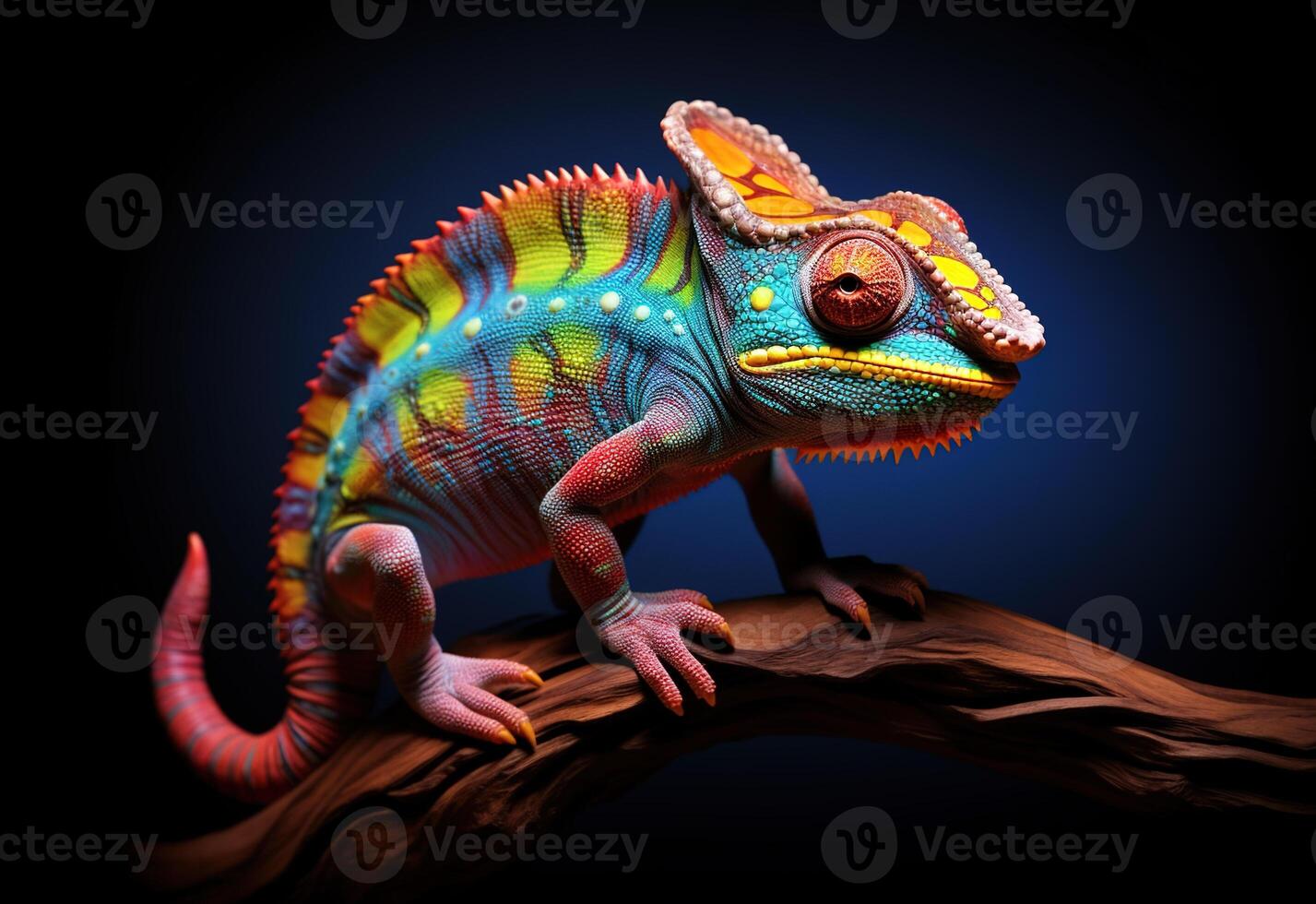 AI generated Beautiful multicolored chameleon black background. Colorful reptile on wooden branch. photo