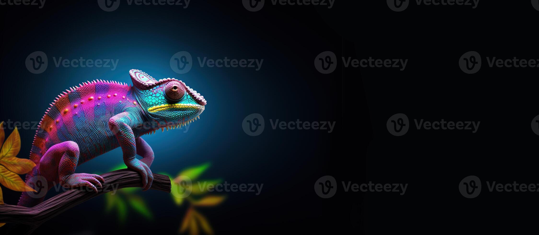 AI generated Beautiful multicolored chameleon black background. Colorful reptile on wooden branch. photo