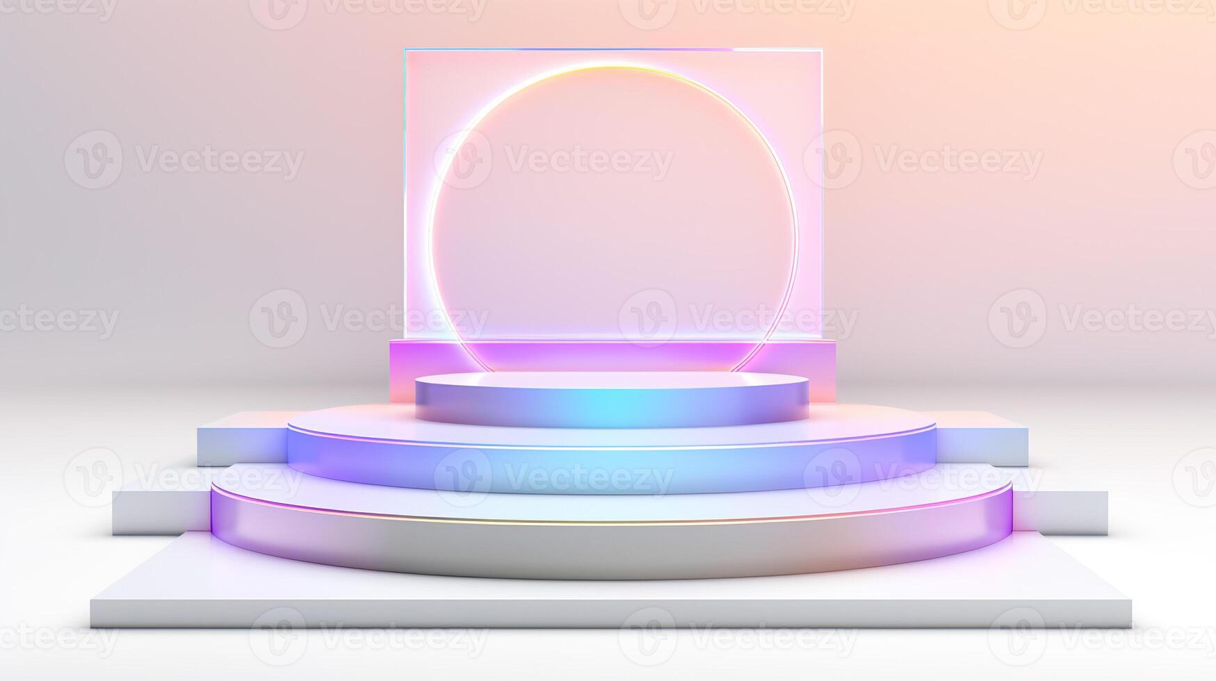 ai generado vacío degradado podio holográfico antecedentes. minimalista arco iris escaparate plataforma en pastel colores para presentaciones y producto demostraciones natural Encendiendo. foto