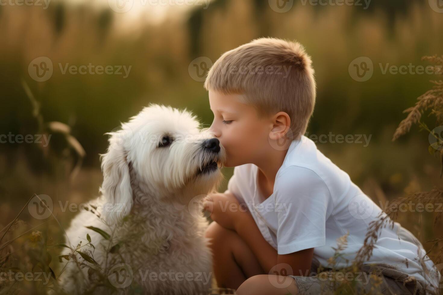 AI generated Boy kisses dog in wild meadow. Generate ai photo