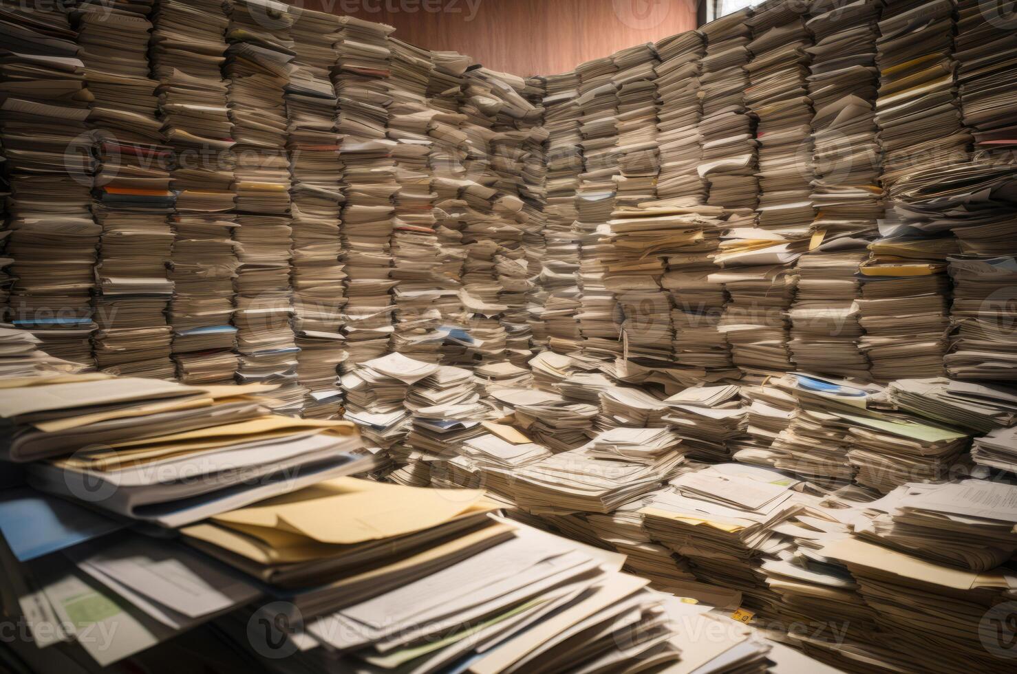 AI generated Bureaucracy piles paperwork. Generate AI photo