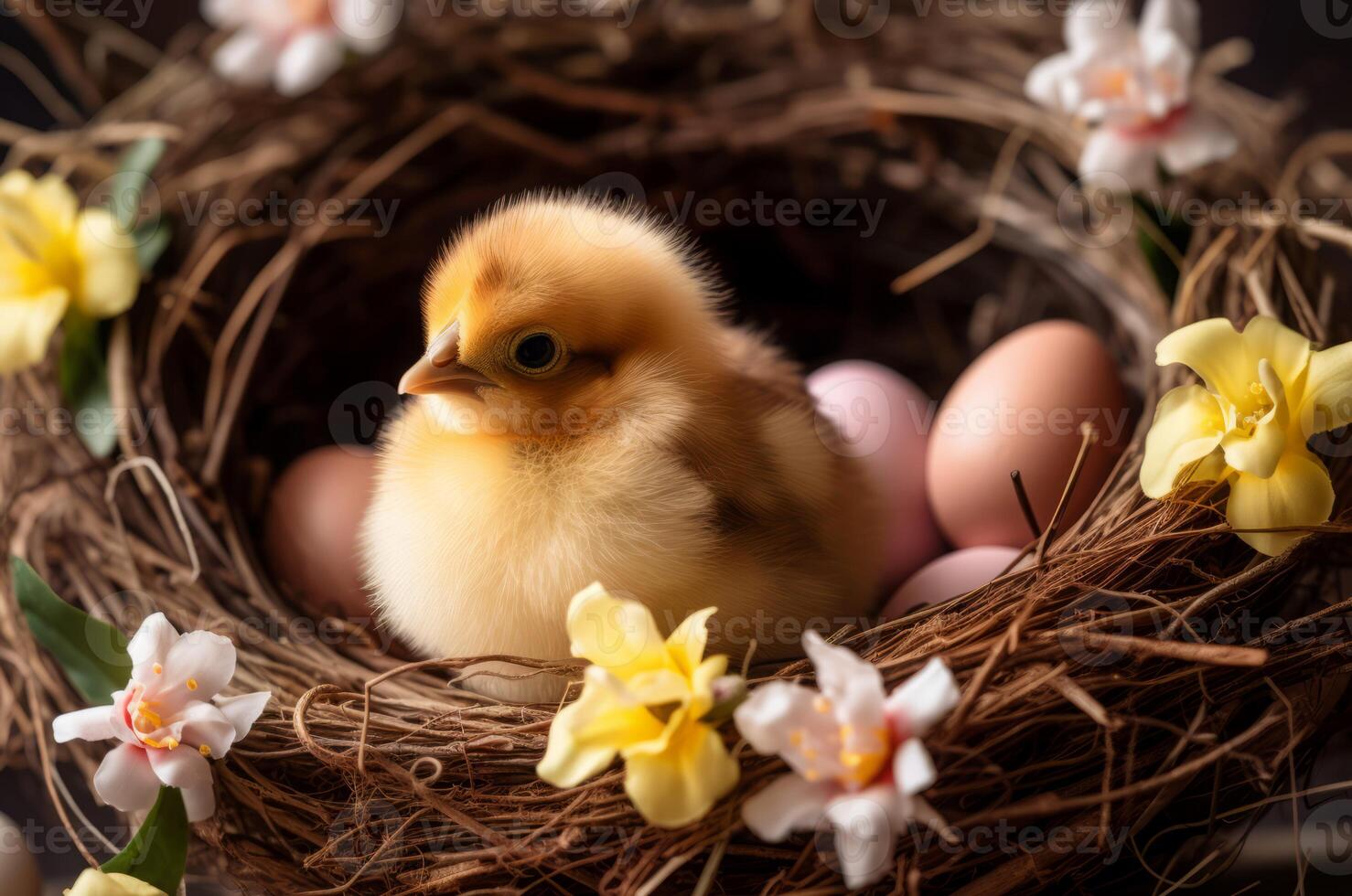 AI generated Cute chick in nest decorated with flowers. Generate ai photo