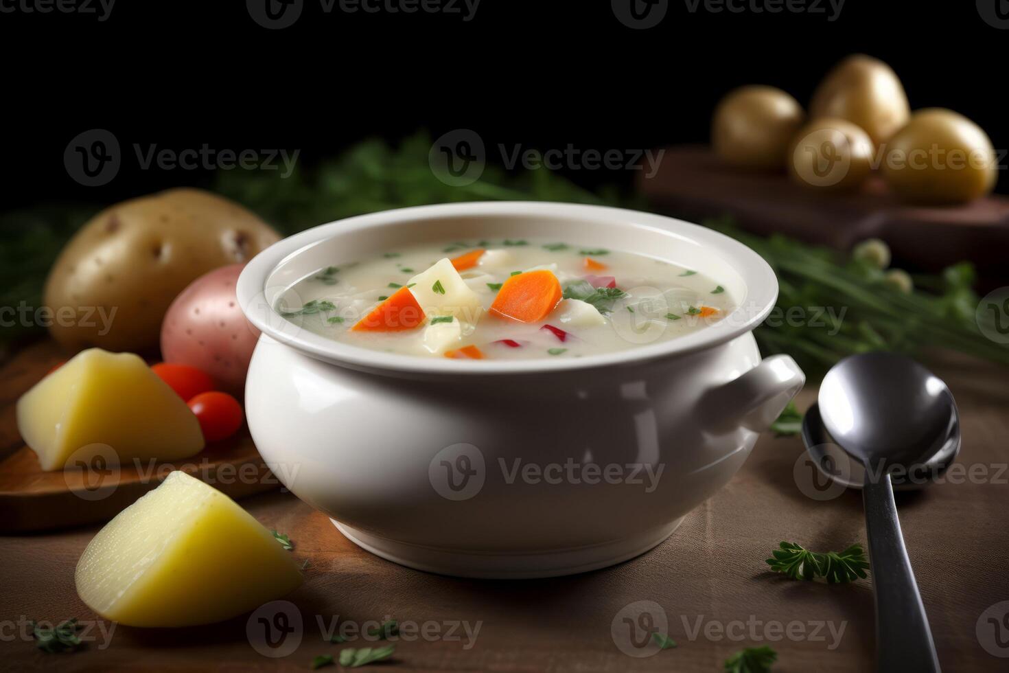 AI generated White potato soup bowl on kitchen table. Generate Ai photo