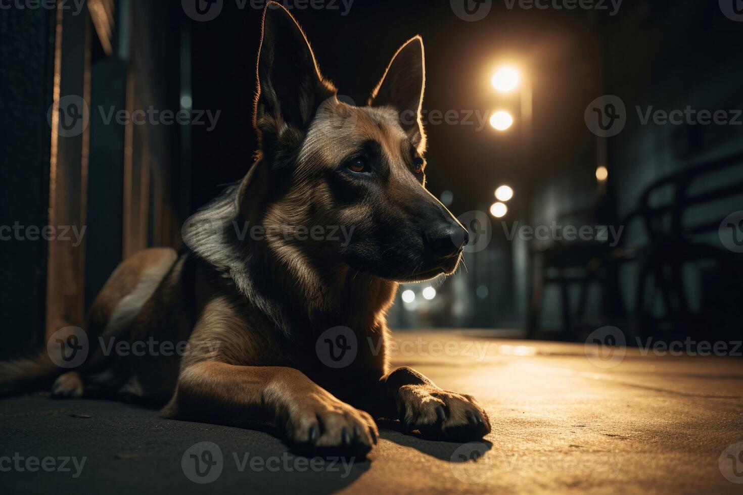 AI generated Dog sitting on sidewalk nighttime. Generate ai photo