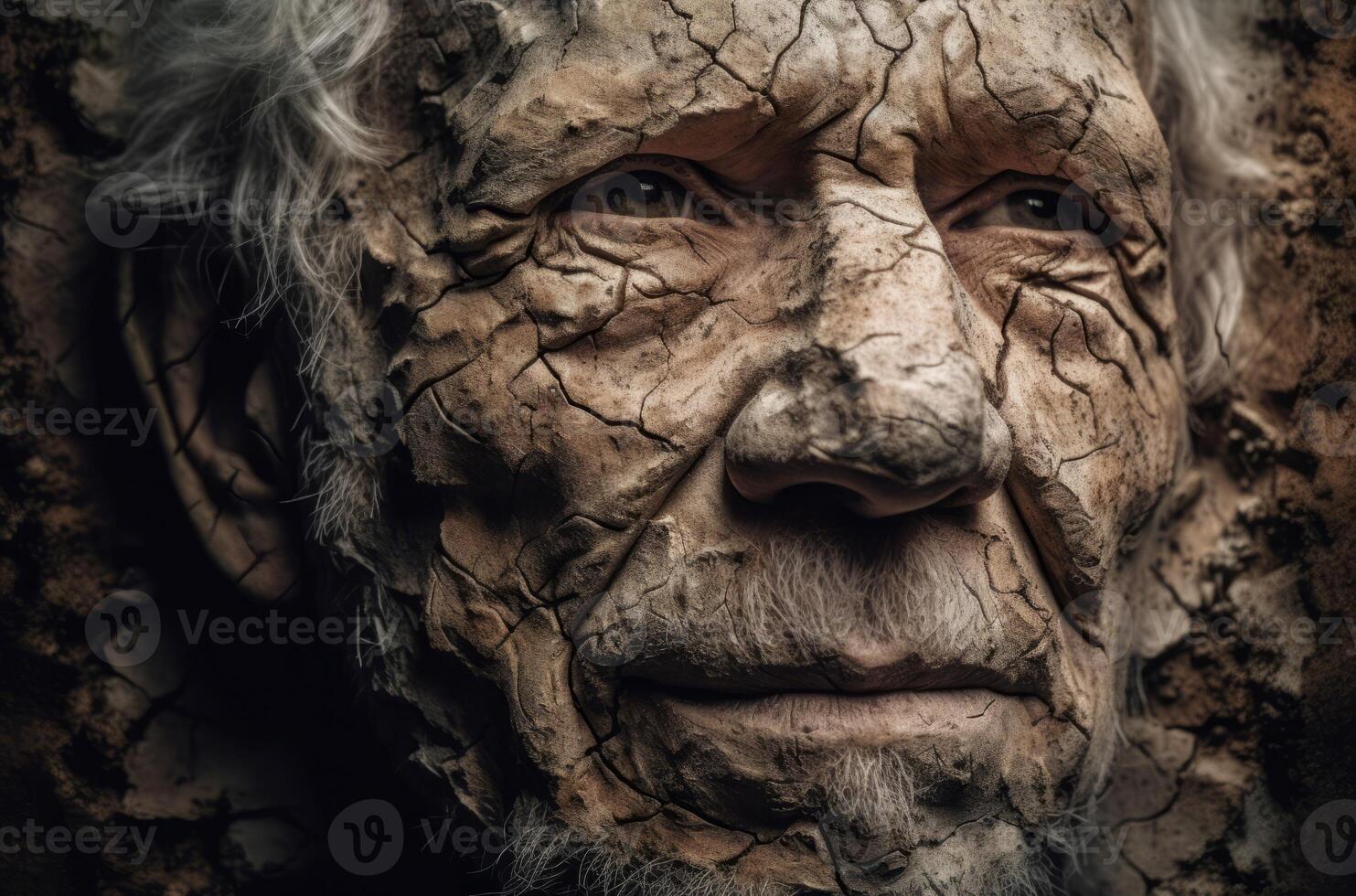 AI generated Aged male face cracked stone. Generate ai photo