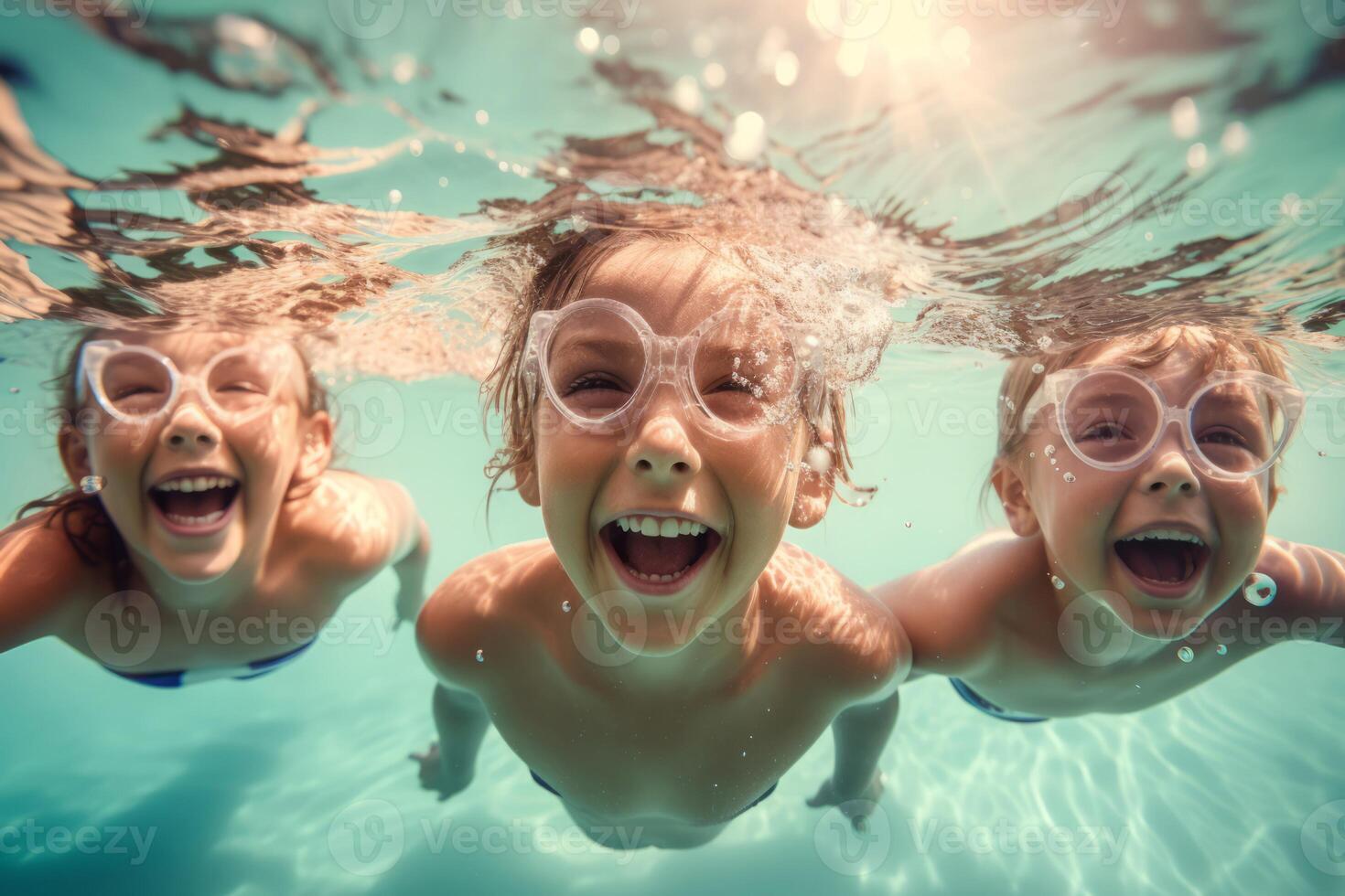 ai generado grupo niños nadando submarino en piscina. generar ai foto