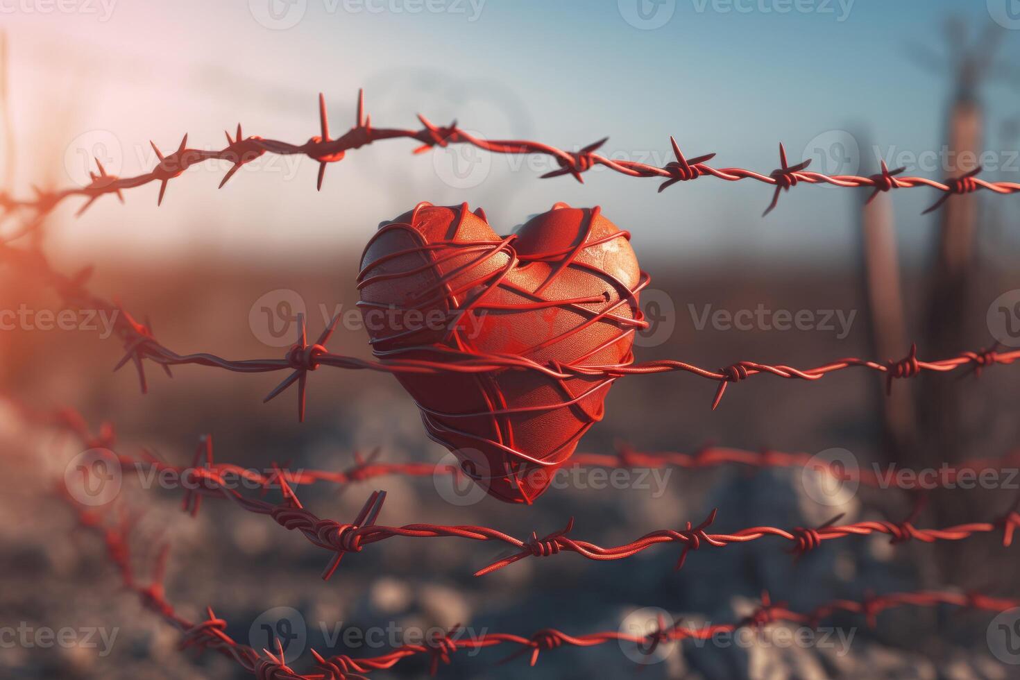 AI generated Red heart captive in barbed wire. Generate ai photo