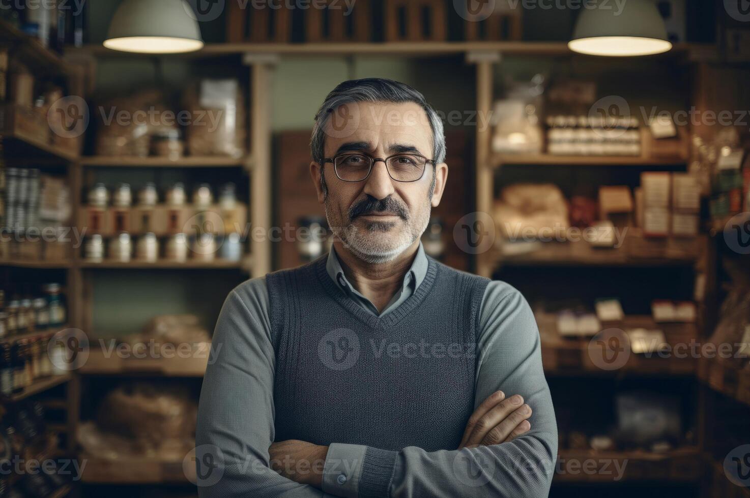 ai generado pequeño tienda masculino propietario en pie adentro. generar ai foto