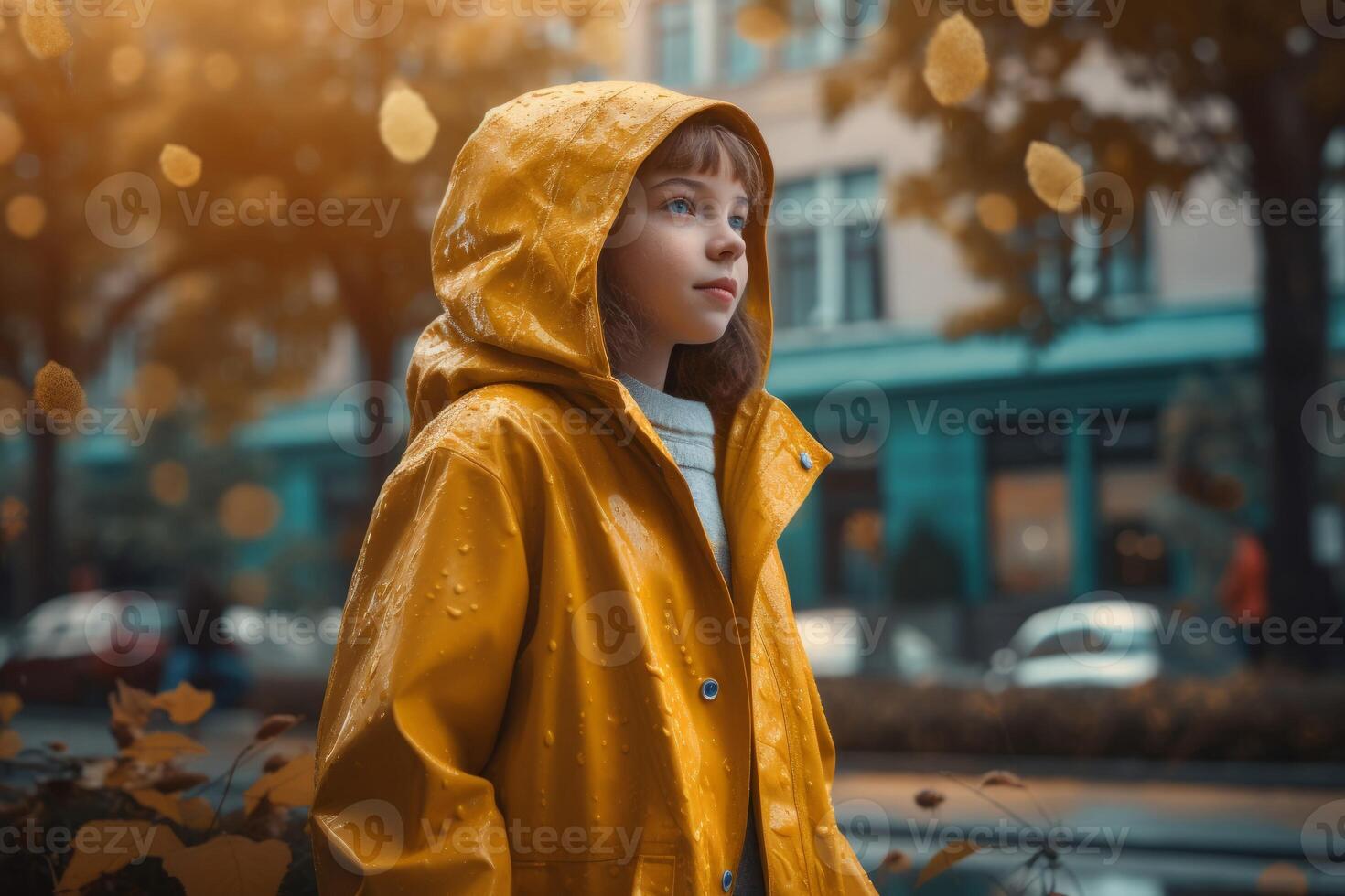 AI generated Smiling girl walking in yellow raincoat. Generate ai photo