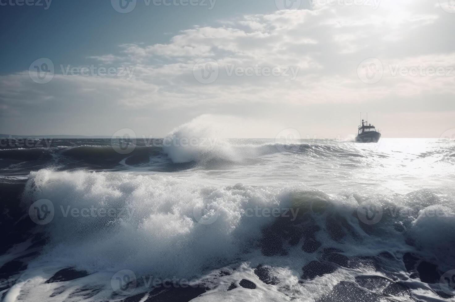 AI generated Sailing boat on dangerous ocean waves. Generate ai photo