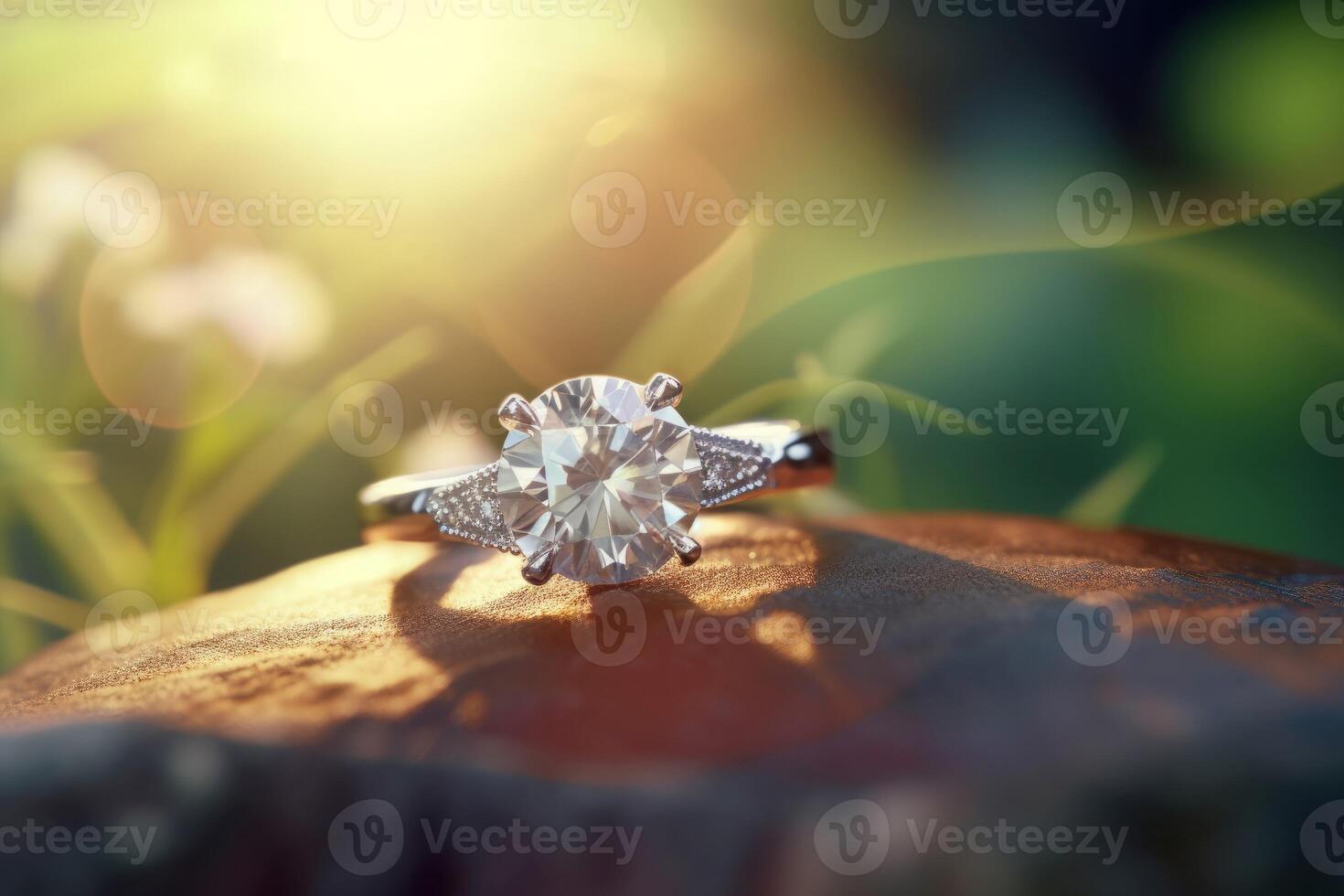AI generated Diamond engagement ring on natural background. Generate ai photo