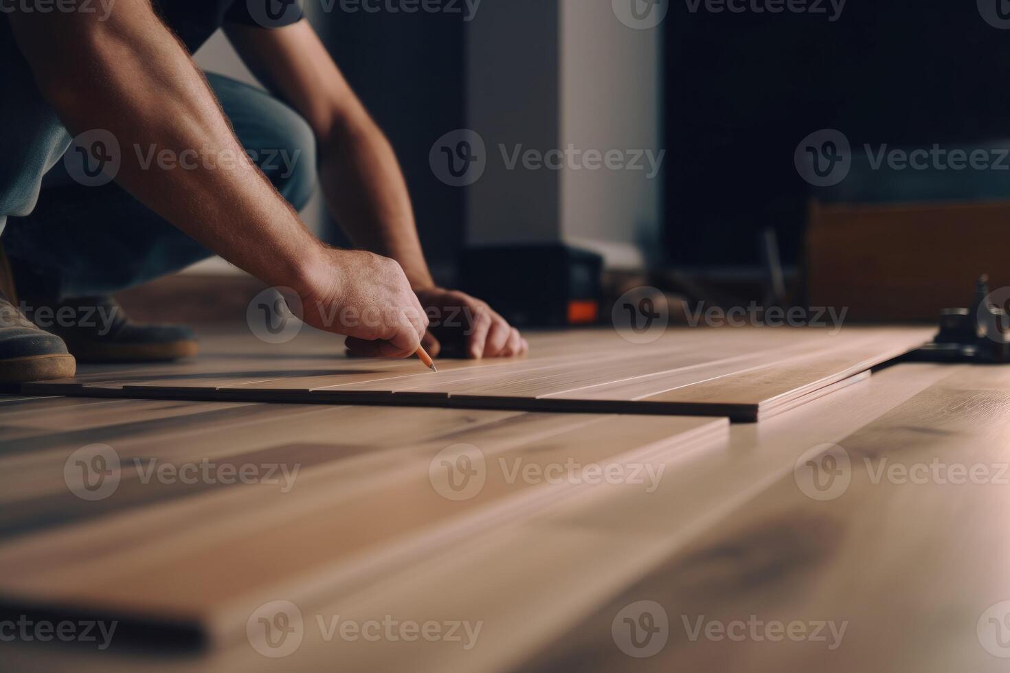 AI generated Renovation homeowner installing new timber floor. Generate ai photo