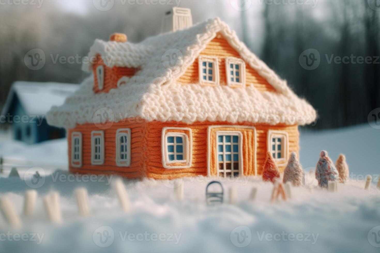 AI generated Knitted house thread in cold snow season. Generate ai photo
