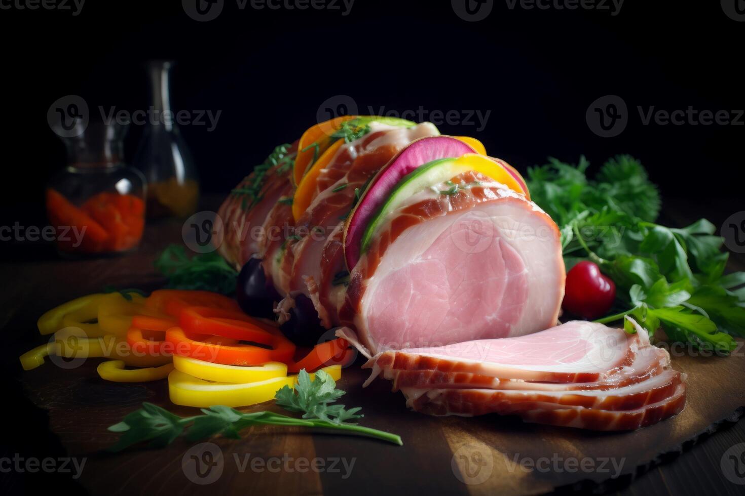 AI generated Cooked ham colorful serving platter. Generate ai photo