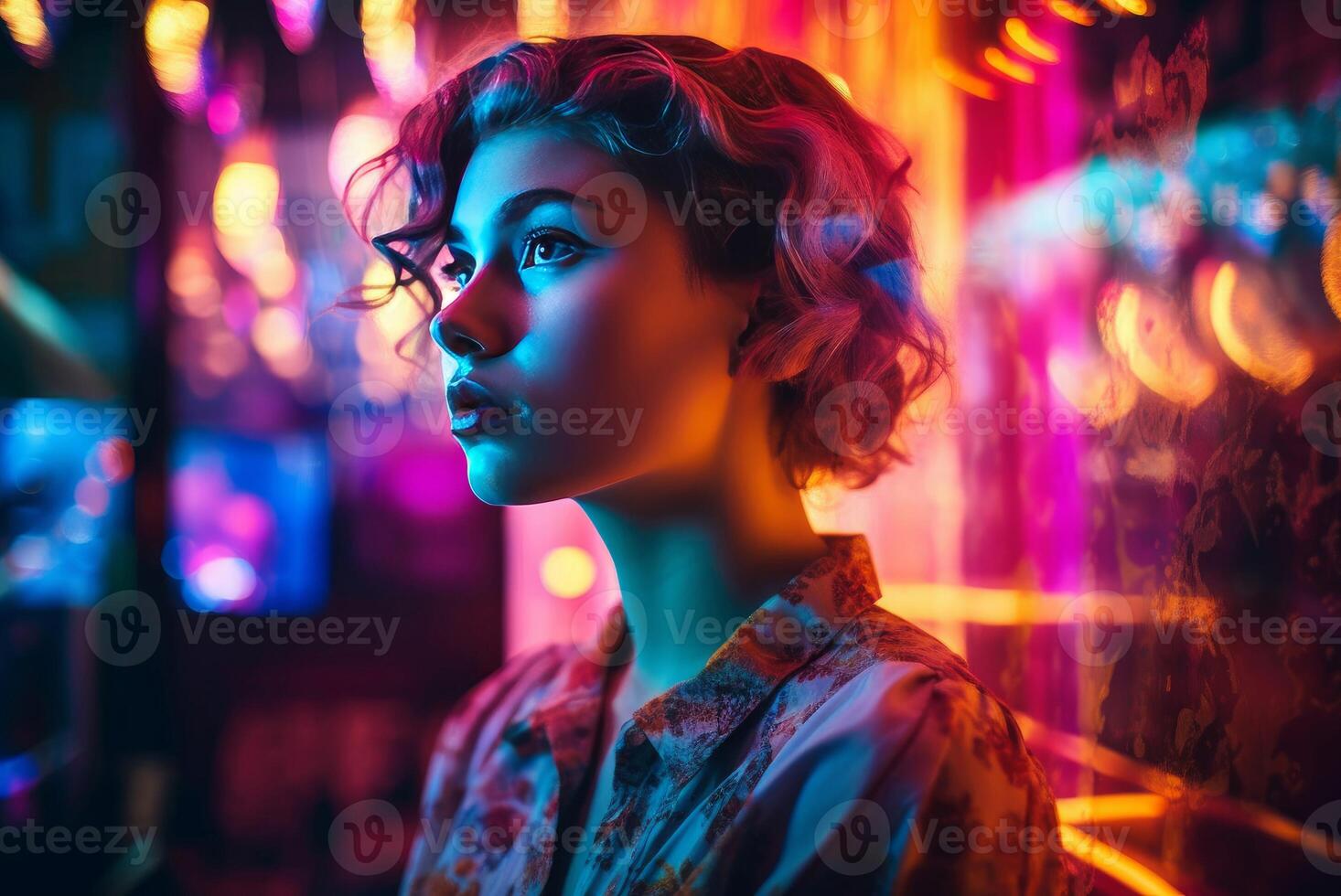 AI generated Young woman on neon multicolored background. Generate ai photo